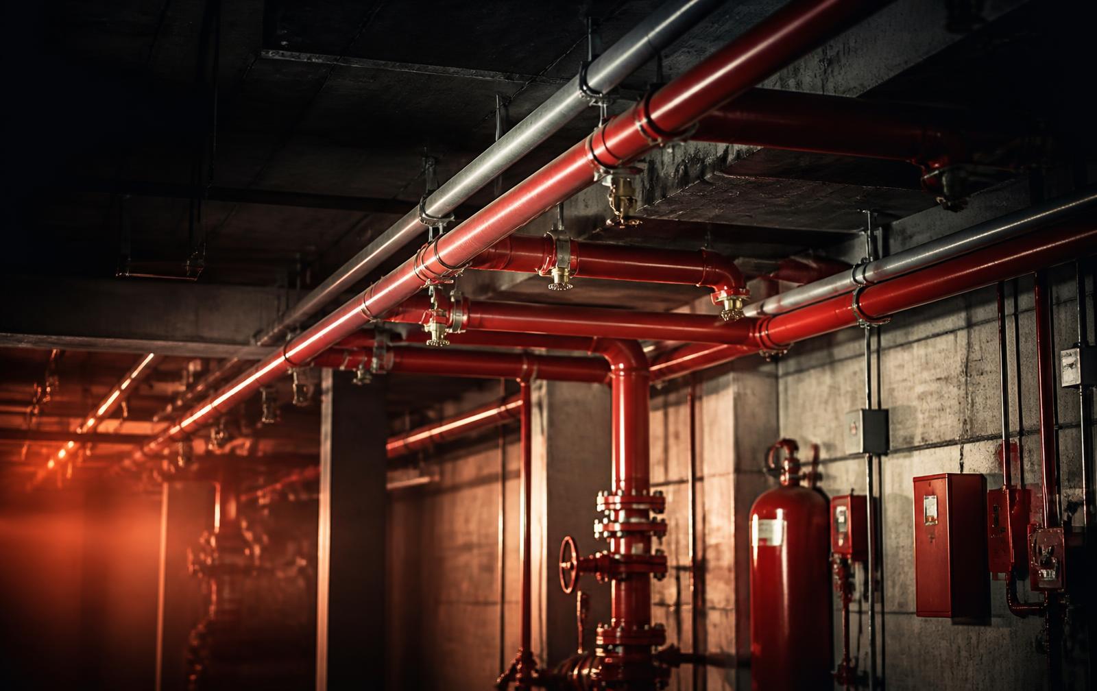 Bir tesiste kurulu kırmızı yangın sprinkler boru hattı ve söndürme ekipmanları